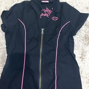 pink and black collared harley shirt with zip up